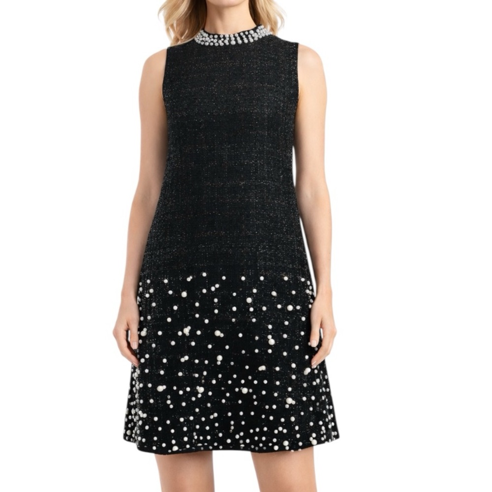 Tweed Pearl Embellished Shift Dress Small